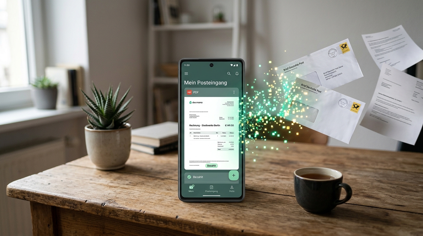 Smartphone mit docmana-App zeigt eine PDF-Rechnung, während physische Briefe zu digitalen Pixeln werden – Symbolbild für ein digitales Postfach.