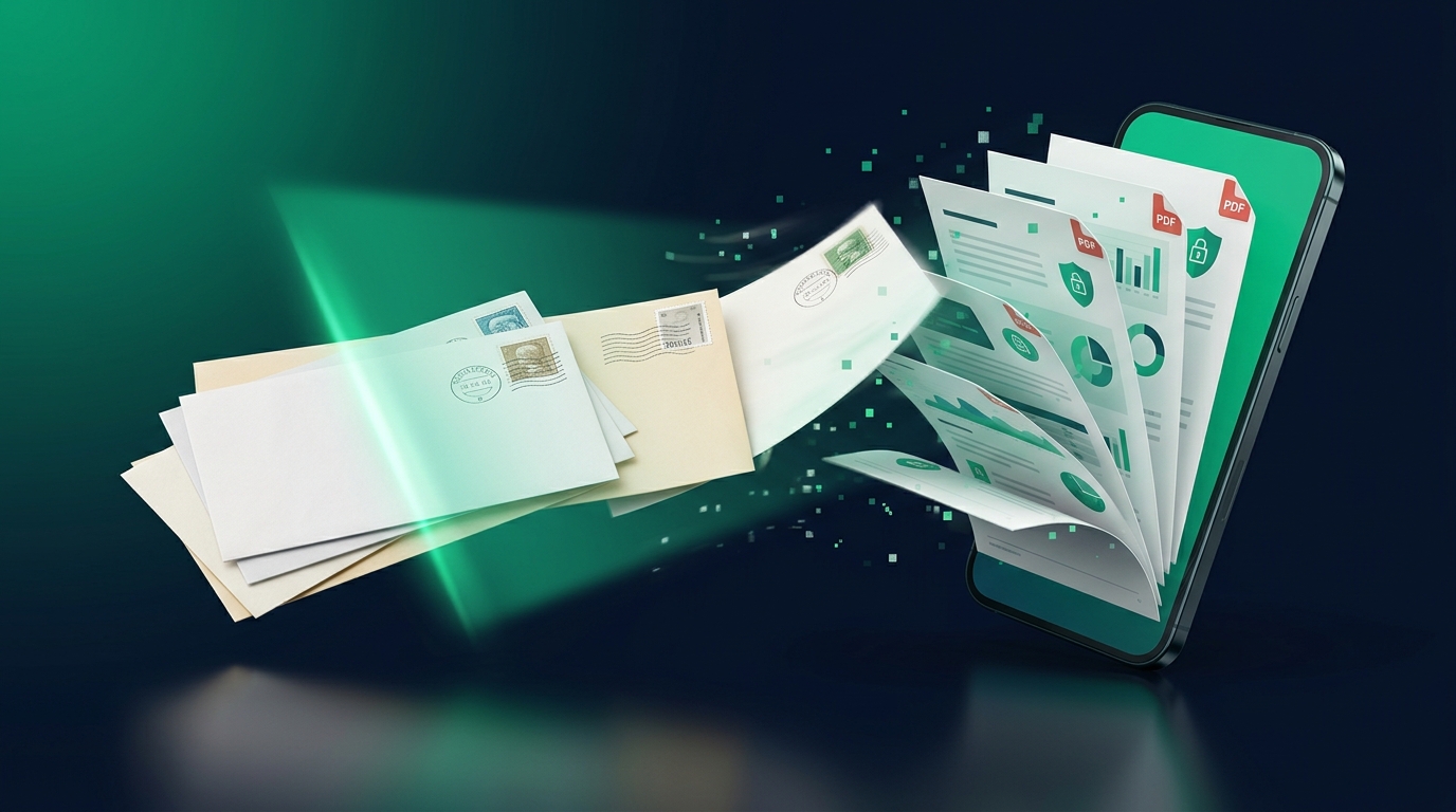 Ein Papierumschlag verwandelt sich in einen Strom aus Lichtteilchen, die in einen Laptop mit sortierten digitalen Dokumenten fließen – Symbolbild für den PostBriefScan-Service.